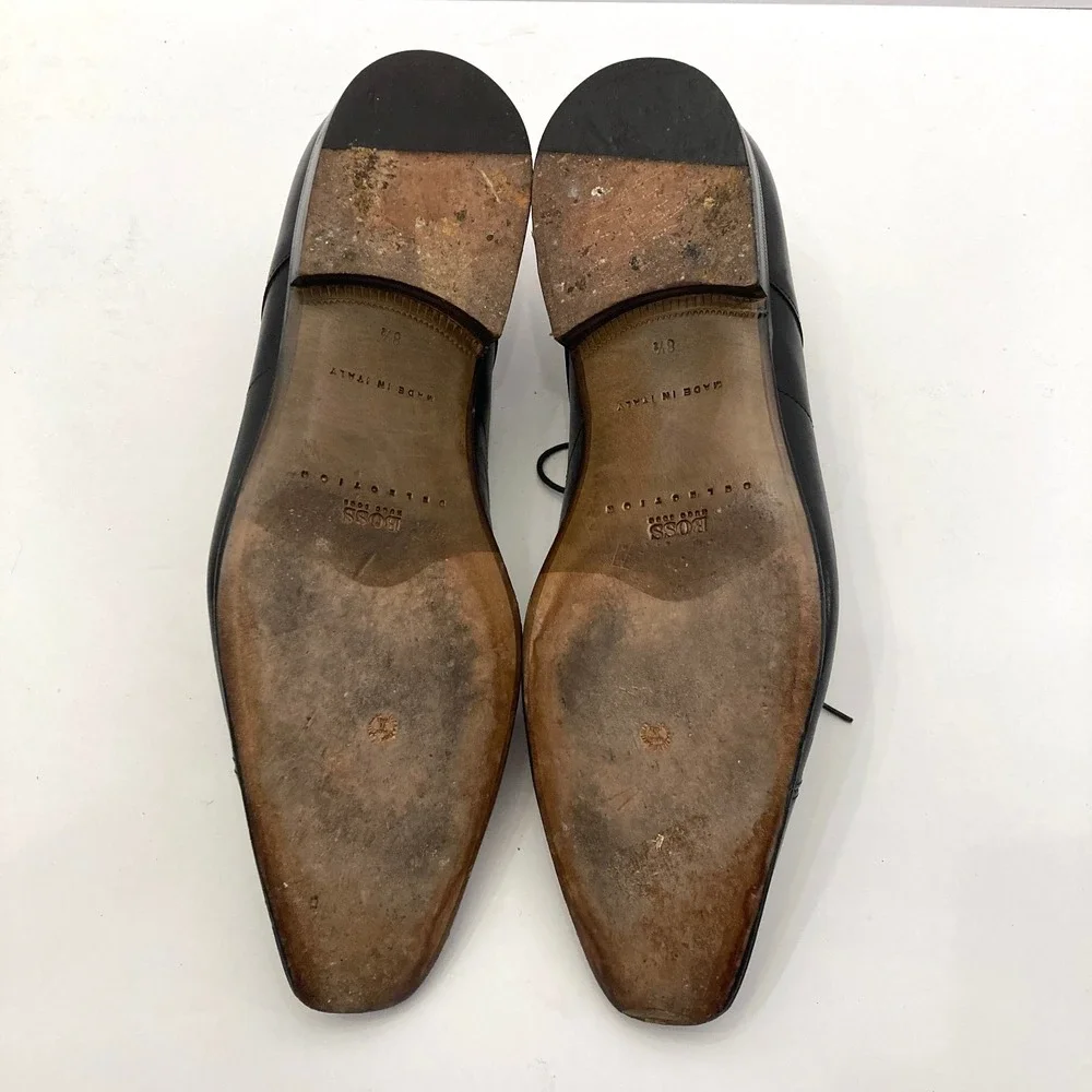 Boss Hugo Boss Black Leather Dress Shoes Cap Toe Mens 8.5 Made Italy Lace Up